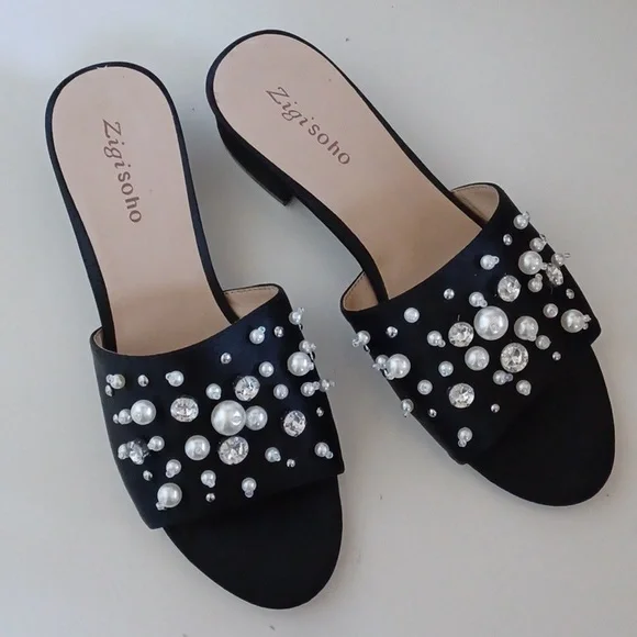 Zigi Soho Edina Black Satin Pearl & Crystal Slides ** SZ 9 - Picture 2 of 10